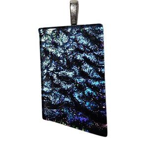 Dichroic Glass Pendant Rectangular Blue Iridescent Silver Bail Handmade Jewelry
